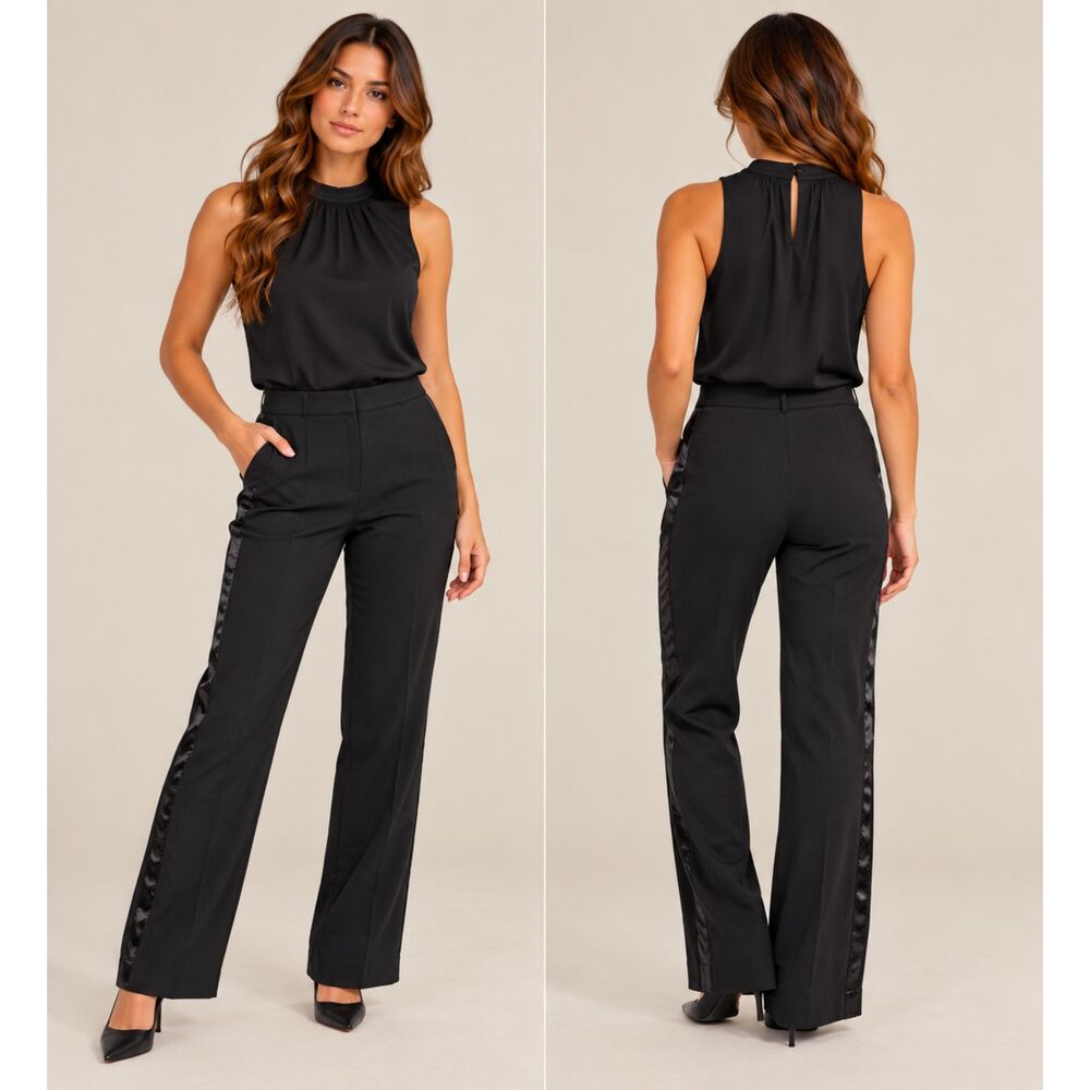 Vtg 90s Ralph Lauren Tuxedo Pants Womens 2 Black Wool Satin Stripe